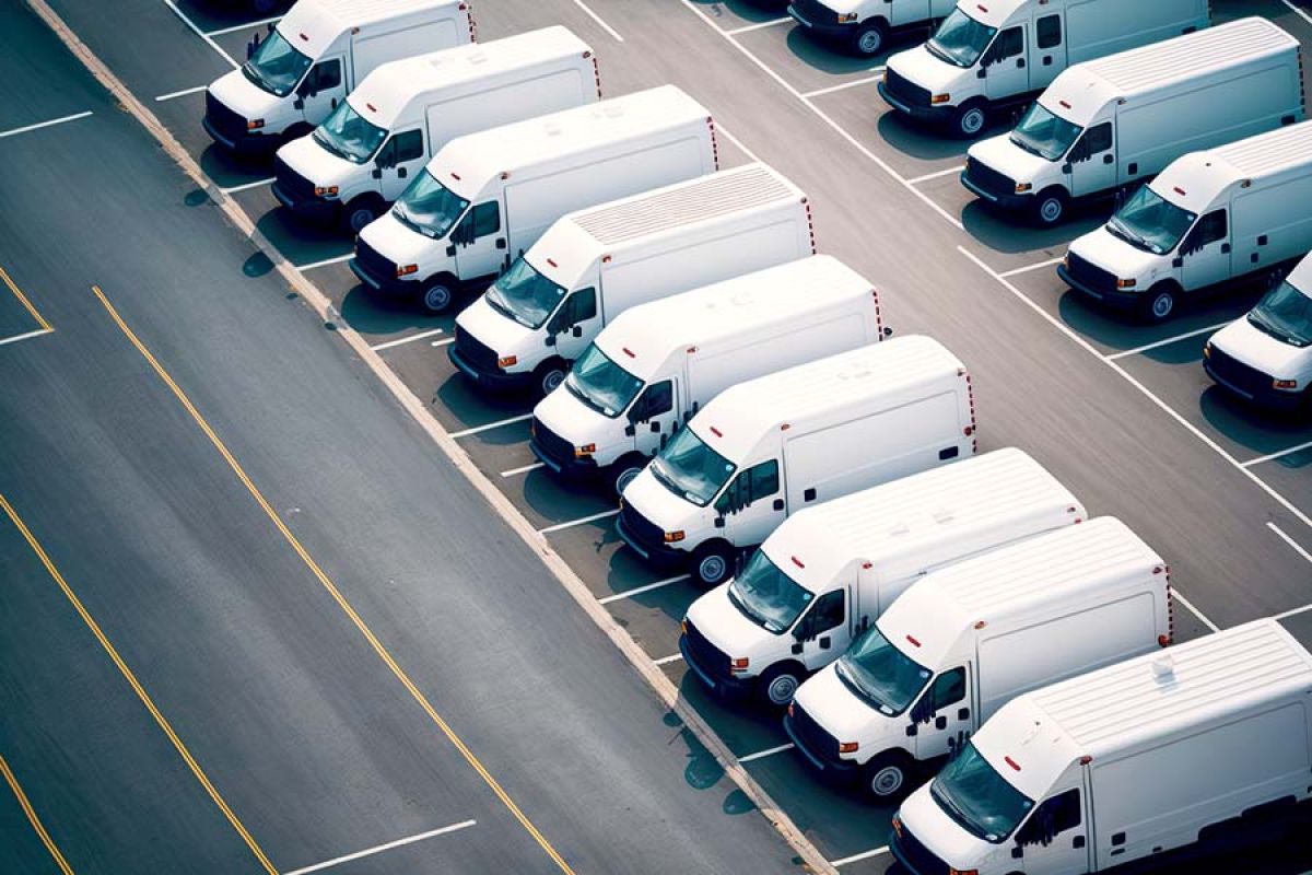 A parking lot filled with numerous white delivery vans parked in an orderly manner.